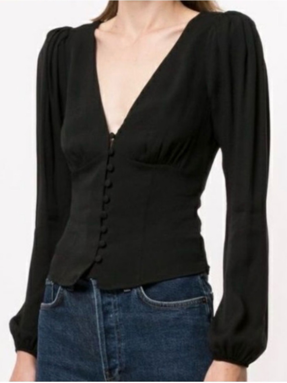 Reformation Black V-Neck Button-Front Puff Sleeve Blouse